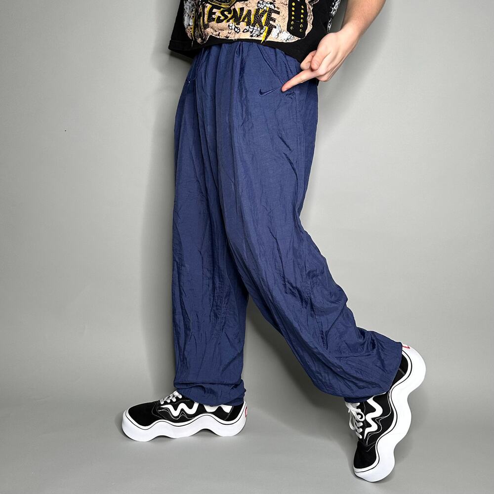 Vintage 90s Nike Track Pants Mens XL Baggy Fit Navy Blue Nylon Sweatpants Swoosh
